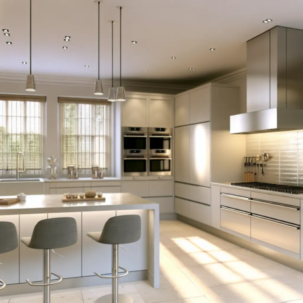 Az Anderson Residence luxuskonyhája beépített gőzsütőkkel és melegen tartó fiókokkal felszerelt